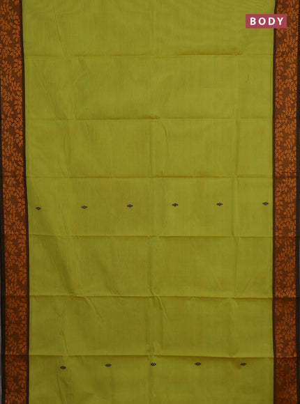 Chettinad cotton saree fluorescent green and dark mustard with thread woven buttas and thread woven border