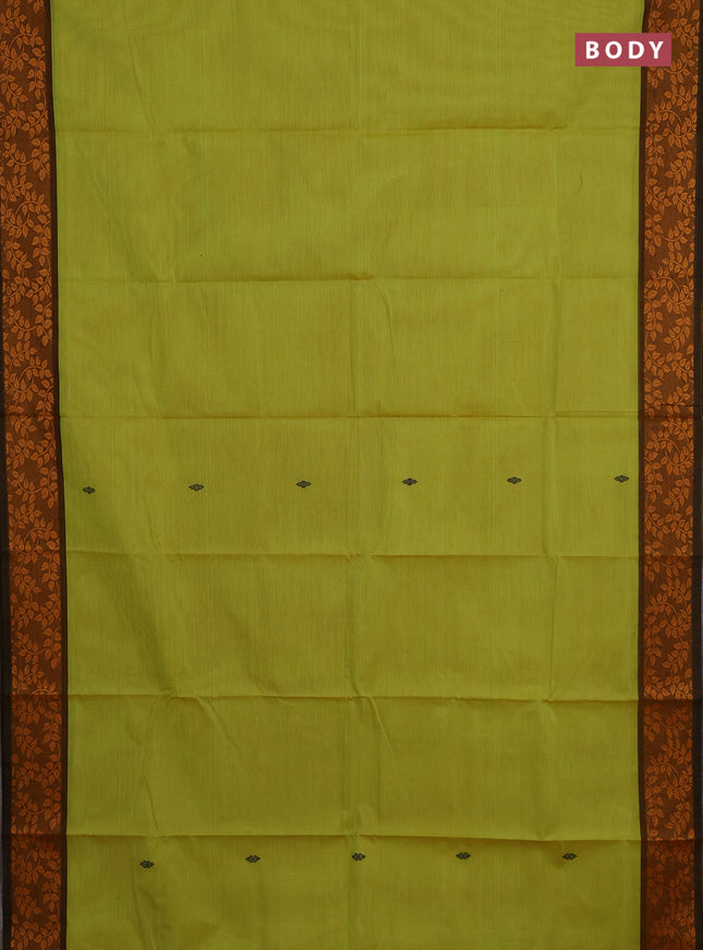 Chettinad cotton saree fluorescent green and dark mustard with thread woven buttas and thread woven border