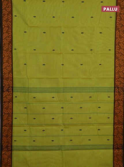 Chettinad cotton saree fluorescent green and dark mustard with thread woven buttas and thread woven border