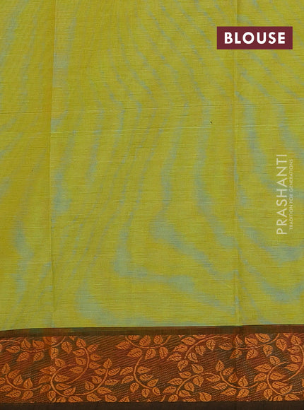 Chettinad cotton saree fluorescent green and dark mustard with thread woven buttas and thread woven border