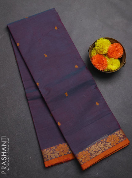 Chettinad cotton saree dual shade of blue and mustard yellow with thread woven buttas and thread woven border
