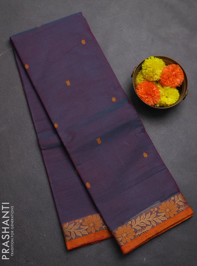 Chettinad cotton saree dual shade of blue and mustard yellow with thread woven buttas and thread woven border