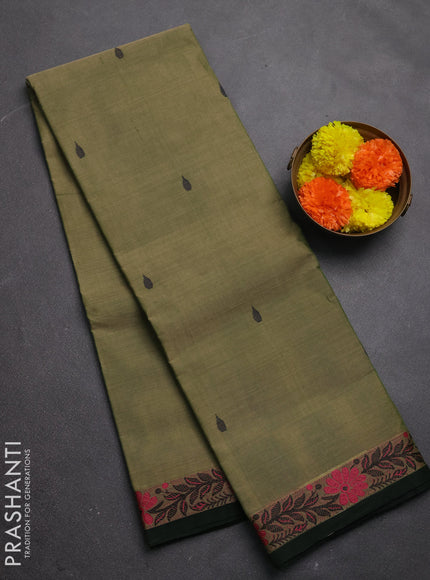 Chettinad cotton saree elaichi green and bottle green with thread woven buttas and thread woven border
