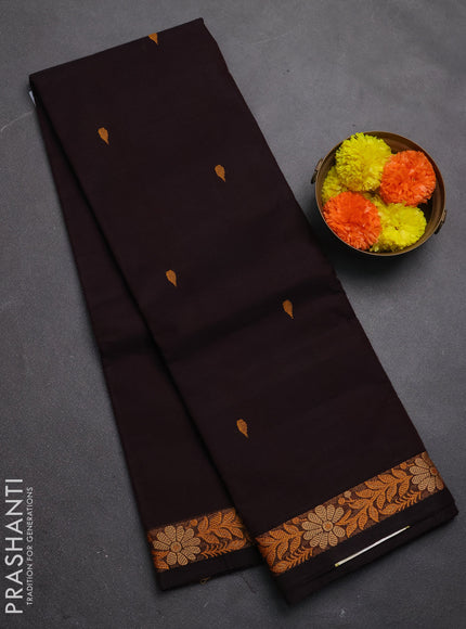 Chettinad cotton saree coffee brown with thread woven buttas and small thread woven border