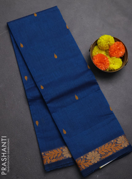 Chettinad cotton saree peacock blue with thread woven buttas and small thread woven border