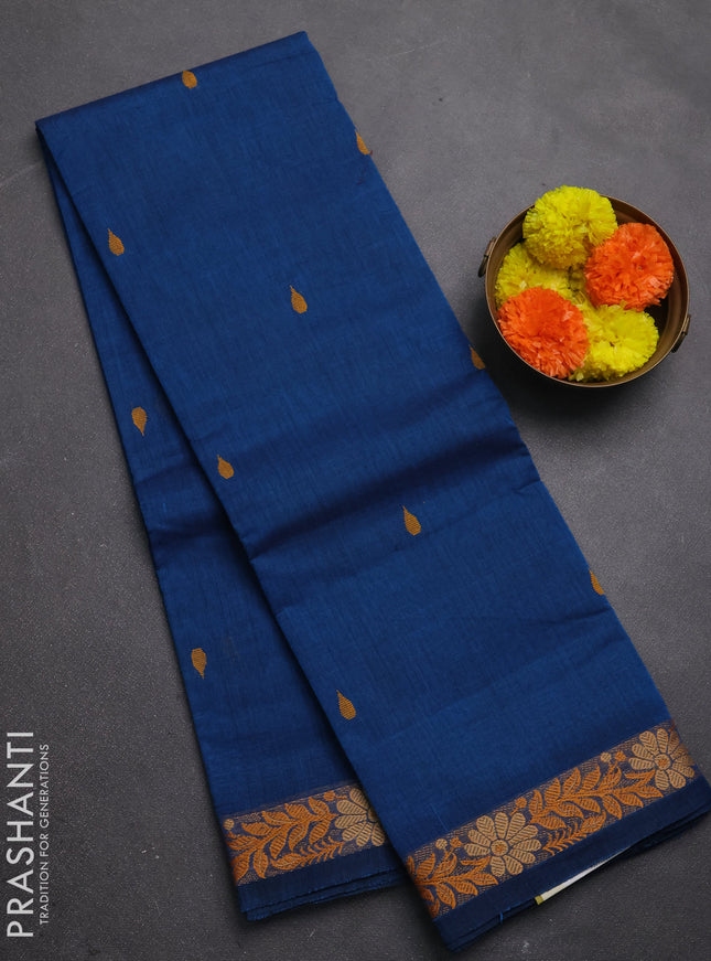 Chettinad cotton saree peacock blue with thread woven buttas and small thread woven border