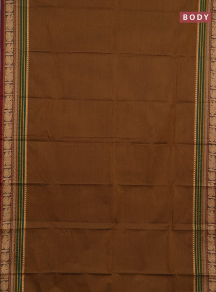 Chettinad cotton saree dark mustard and maroon with plain body and thread woven border