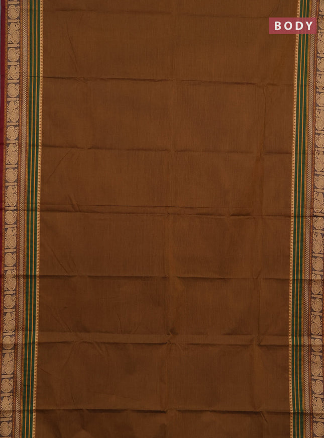 Chettinad cotton saree dark mustard and maroon with plain body and thread woven border
