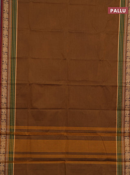 Chettinad cotton saree dark mustard and maroon with plain body and thread woven border