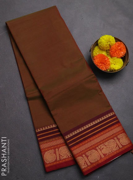 Chettinad cotton saree manthulir green and maroon with plain body and thread woven border