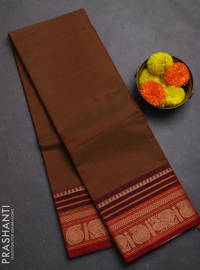 Chettinad cotton saree manthulir green and maroon with plain body and thread woven border