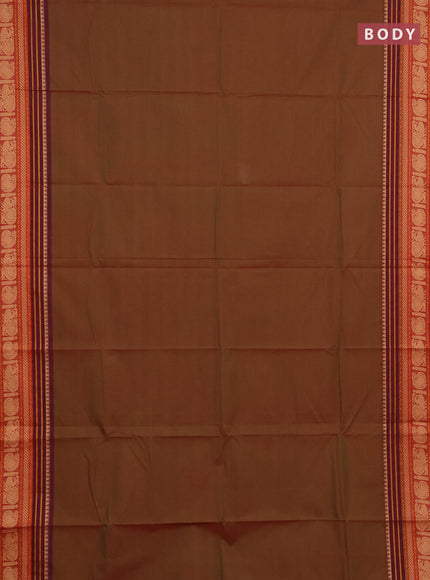 Chettinad cotton saree manthulir green and maroon with plain body and thread woven border