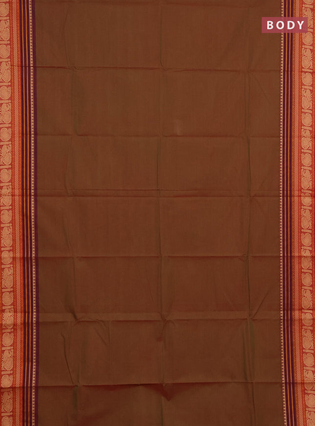 Chettinad cotton saree manthulir green and maroon with plain body and thread woven border