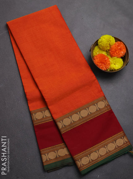 Chettinad cotton saree orange and maroon with plain body and long rettapet thread woven border