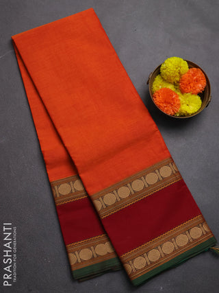 Chettinad cotton saree orange and maroon with plain body and long rettapet thread woven border