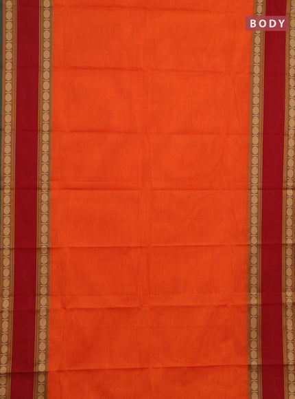 Chettinad cotton saree orange and maroon with plain body and long rettapet thread woven border