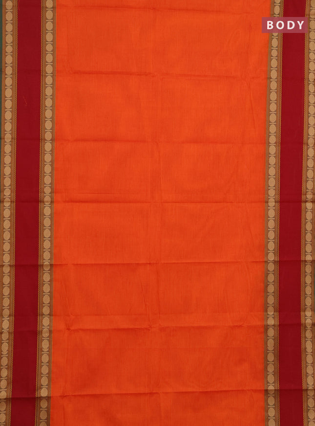 Chettinad cotton saree orange and maroon with plain body and long rettapet thread woven border