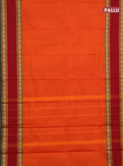 Chettinad cotton saree orange and maroon with plain body and long rettapet thread woven border