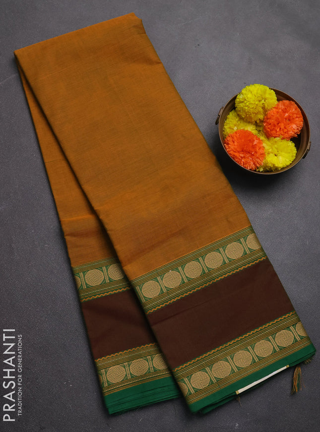 Chettinad cotton saree mustard yellow and green with plain body and rettapet thread woven border