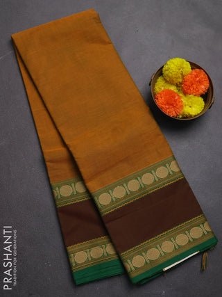 Chettinad cotton saree mustard yellow and green with plain body and rettapet thread woven border