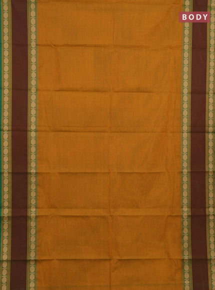 Chettinad cotton saree mustard yellow and green with plain body and rettapet thread woven border