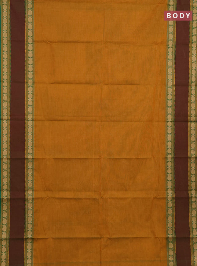 Chettinad cotton saree mustard yellow and green with plain body and rettapet thread woven border
