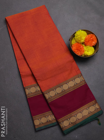 Chettinad cotton saree rust shade and magenta pink with plain body and rettapet thread woven border