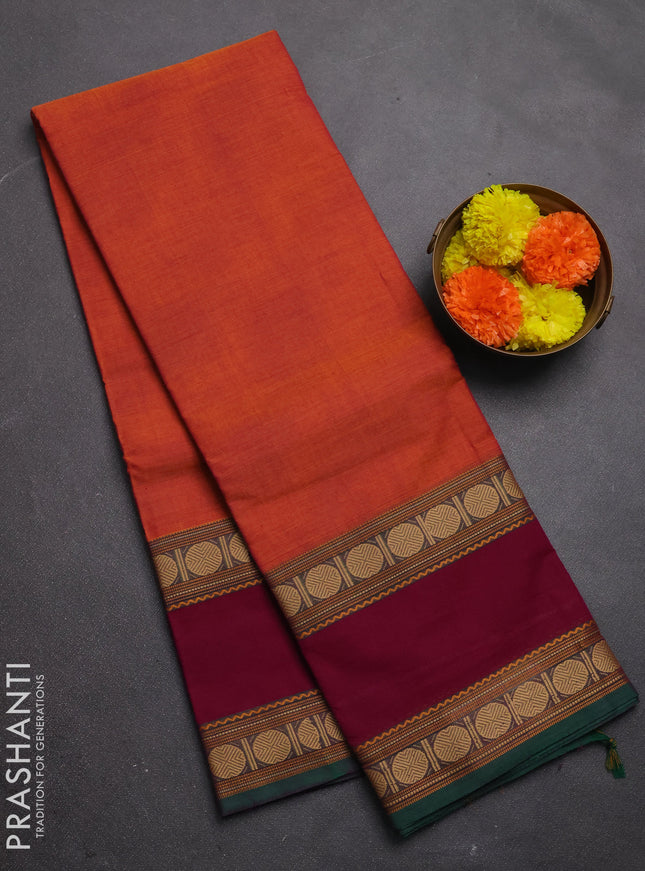 Chettinad cotton saree rust shade and magenta pink with plain body and rettapet thread woven border
