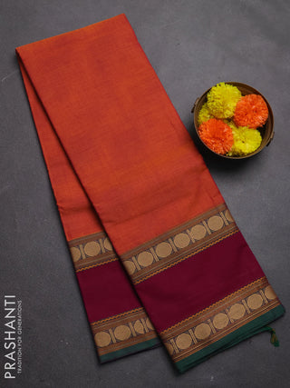 Chettinad cotton saree rust shade and magenta pink with plain body and rettapet thread woven border