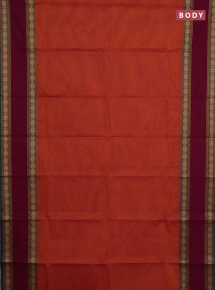 Chettinad cotton saree rust shade and magenta pink with plain body and rettapet thread woven border