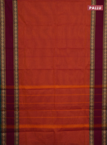 Chettinad cotton saree rust shade and magenta pink with plain body and rettapet thread woven border