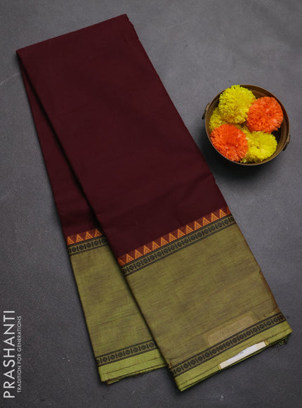 Chettinad cotton saree coffee brown and light green with plain body and long rettapet thread woven border