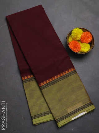 Chettinad cotton saree coffee brown and light green with plain body and long rettapet thread woven border