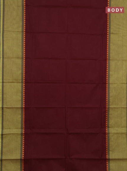 Chettinad cotton saree coffee brown and light green with plain body and long rettapet thread woven border