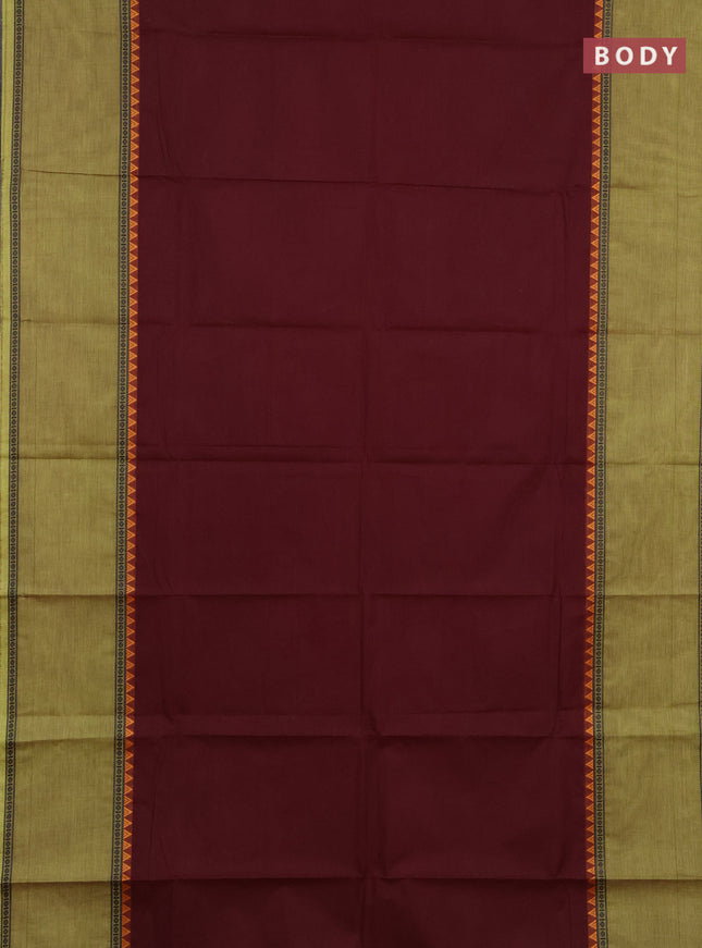 Chettinad cotton saree coffee brown and light green with plain body and long rettapet thread woven border