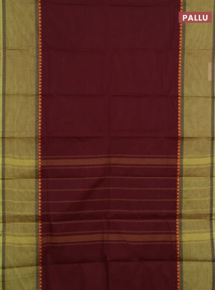 Chettinad cotton saree coffee brown and light green with plain body and long rettapet thread woven border