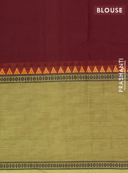 Chettinad cotton saree coffee brown and light green with plain body and long rettapet thread woven border