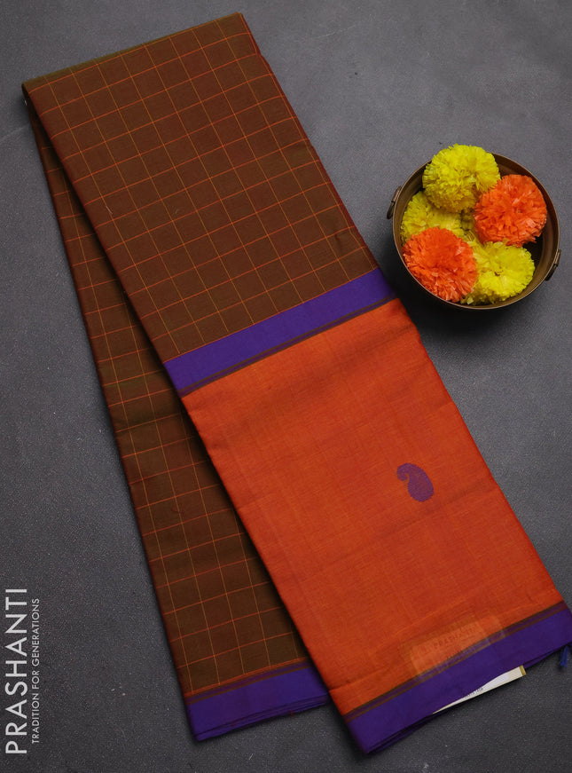 Chettinad cotton saree dual shade of green and orange with allover checked pattern and long rettapet thread butta border