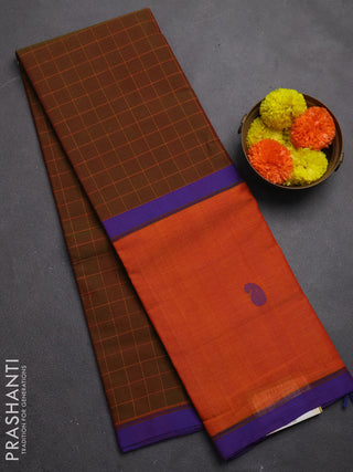Chettinad cotton saree dual shade of green and orange with allover checked pattern and long rettapet thread butta border