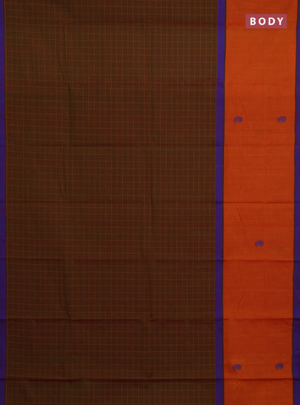 Chettinad cotton saree dual shade of green and orange with allover checked pattern and long rettapet thread butta border