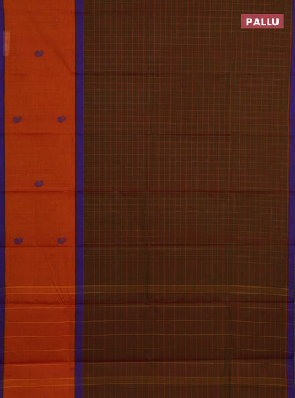Chettinad cotton saree dual shade of green and orange with allover checked pattern and long rettapet thread butta border