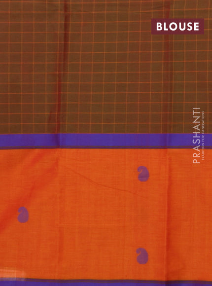 Chettinad cotton saree dual shade of green and orange with allover checked pattern and long rettapet thread butta border