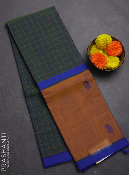 Chettinad cotton saree dual shade of green and rust shade with allover checked pattern and long rettapet thread butta border