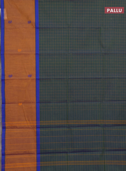 Chettinad cotton saree dual shade of green and rust shade with allover checked pattern and long rettapet thread butta border