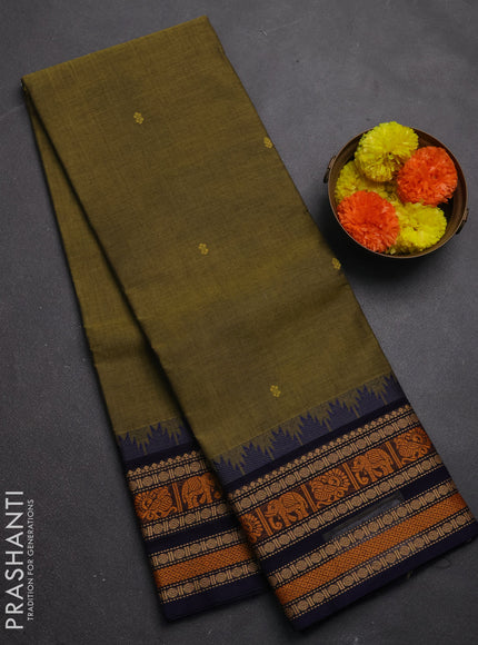Chettinad cotton saree olive green and navy blue with thread woven buttas and long temple design thread woven border