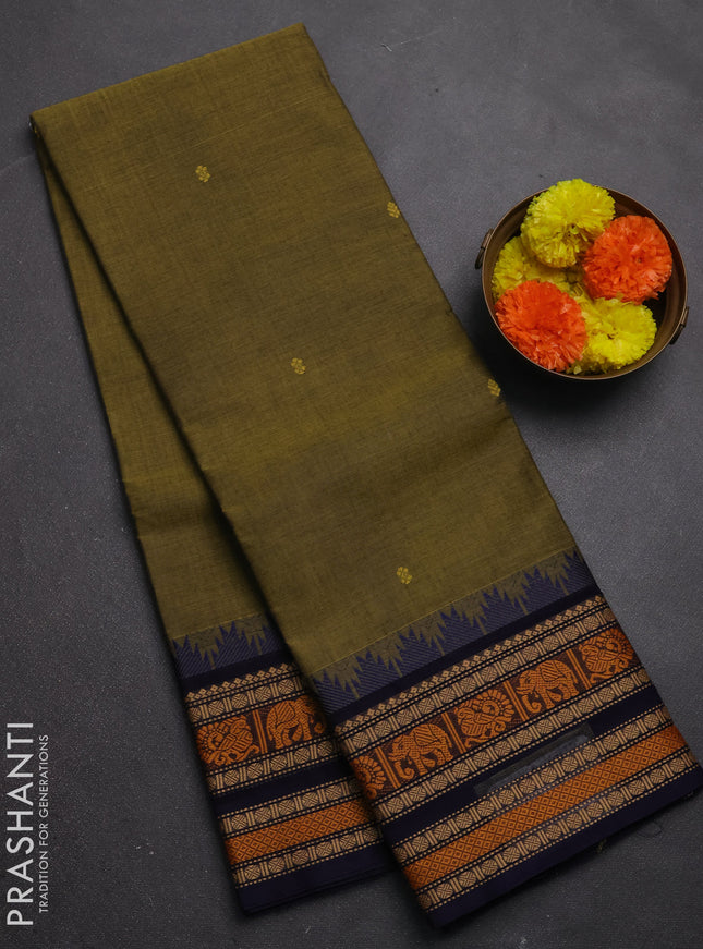 Chettinad cotton saree olive green and navy blue with thread woven buttas and long temple design thread woven border