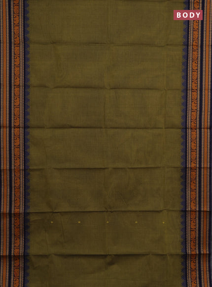 Chettinad cotton saree olive green and navy blue with thread woven buttas and long temple design thread woven border