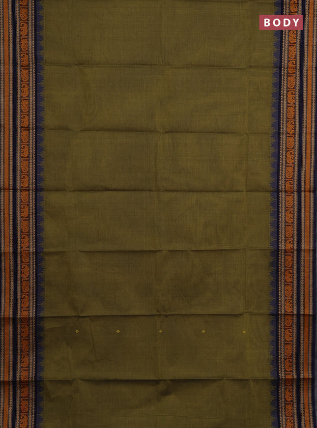 Chettinad cotton saree olive green and navy blue with thread woven buttas and long temple design thread woven border