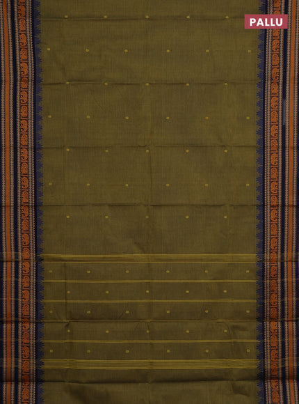Chettinad cotton saree olive green and navy blue with thread woven buttas and long temple design thread woven border