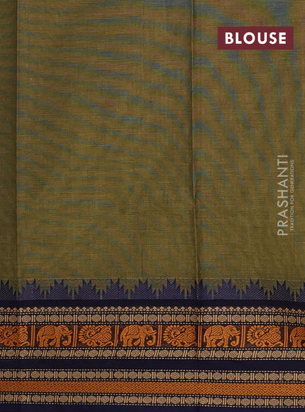 Chettinad cotton saree olive green and navy blue with thread woven buttas and long temple design thread woven border